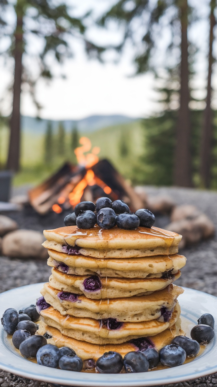 Fluffy blueberry banana pancakes with blueberries and syrup in a beautiful outdoor camping setting.
